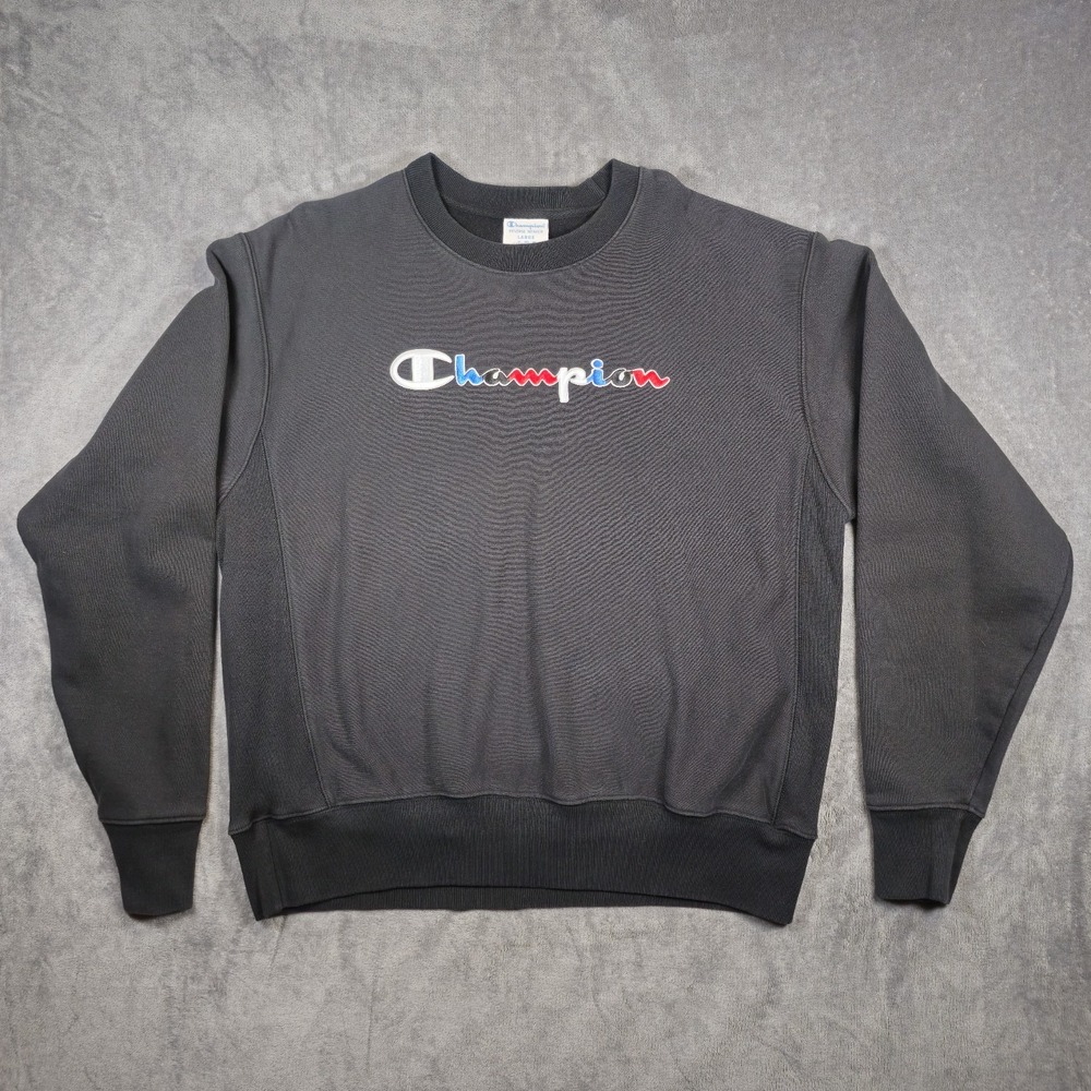 Champion Reverse Weave Sweatshirt Mens Large Black Logo Crewneck Pullover GF70